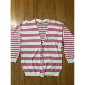 NEW Vintage 1990s Pink White Striped V Neck Cardigan Medium